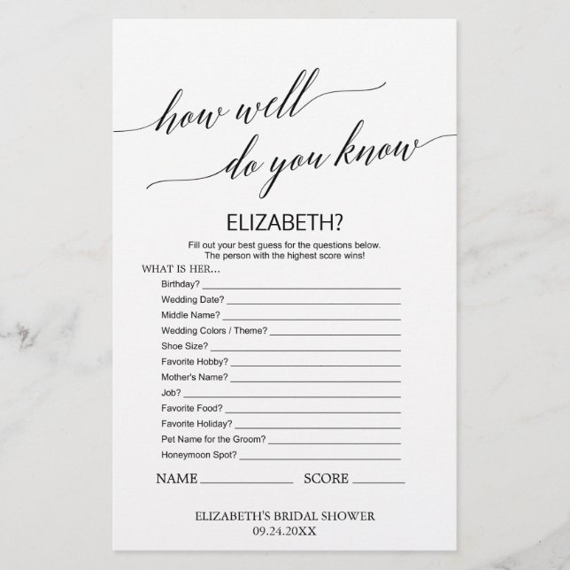 Lámina Caligrafía elegante ¿Cuánto conoces a la novia (Anverso)