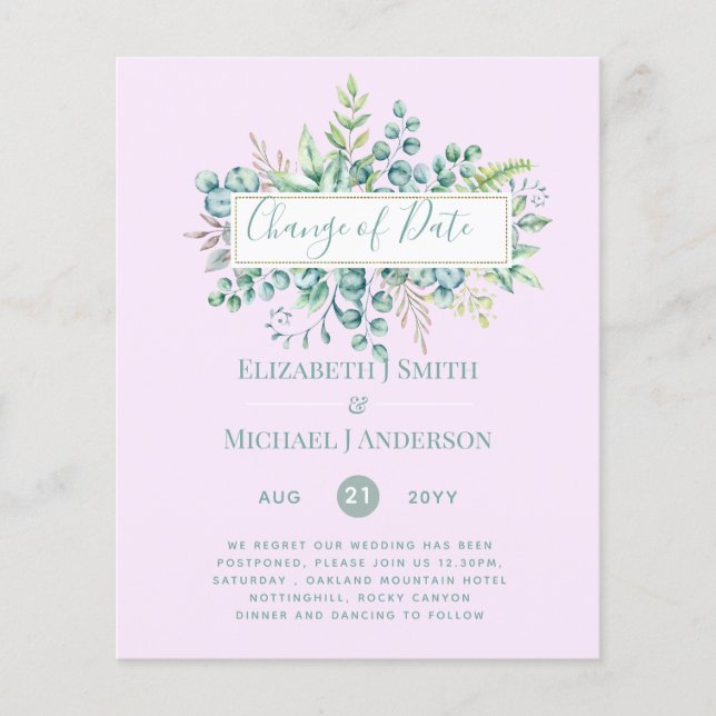 Lámina Cambio de Planes Fecha Verenery Eucalyptus Evento (Anverso)