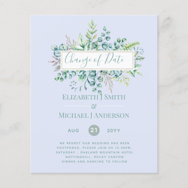 Lámina Cambio de Planes Fecha Verenery Eucalyptus Evento (Anverso)