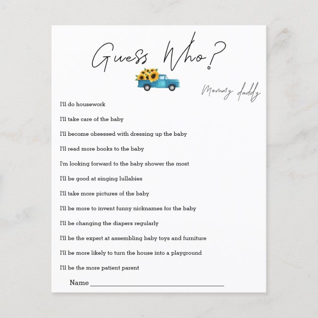 Lámina Camión acuarela con girasoles adivina quién juega (Anverso)