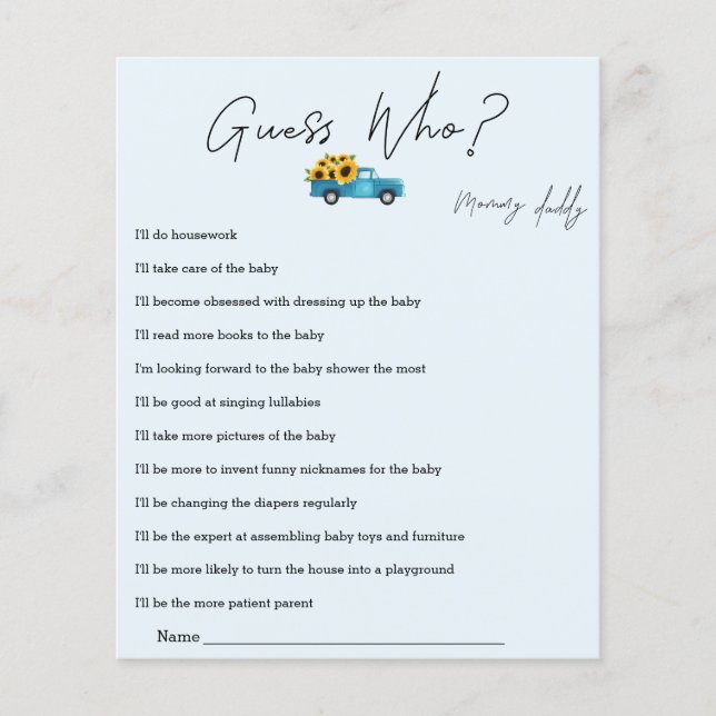 Lámina Camión acuarela con girasoles adivina quién juega (Anverso)