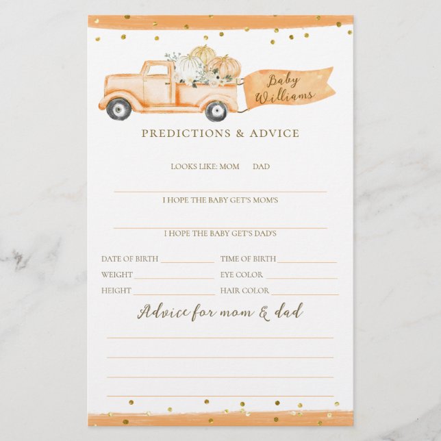 Lámina Camión de calabaza de Baby Shower de otoño moderno (Anverso)