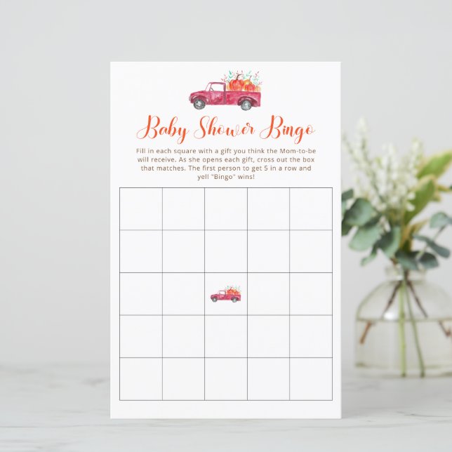 Lámina Camión Rojo Cae Pequeña Calabaza Bingo Baby Shower (Anverso de pie)