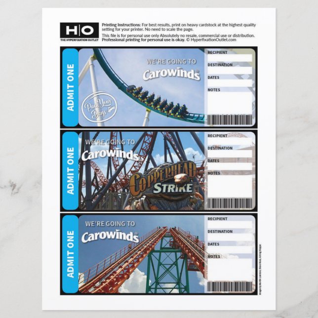 Lámina Carowinds se burlan del billete para viajes y even (Anverso)