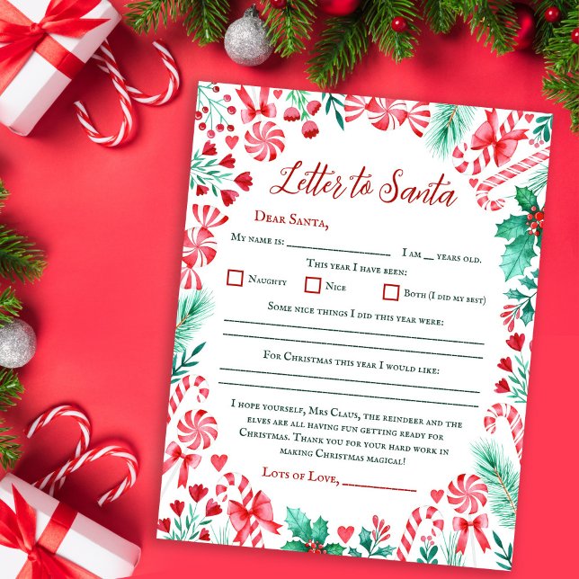 Lámina Carta a los niños con acuarela de candy cane a San (Watercolor Kids Letter to Santa Paper Sheet)