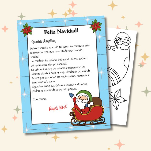 Lámina Carta azul española de Santa Carta a Papá Noel (Spanish Letter from Santa Blue, Personalized & custom name & text. ConJesusenelcamino)