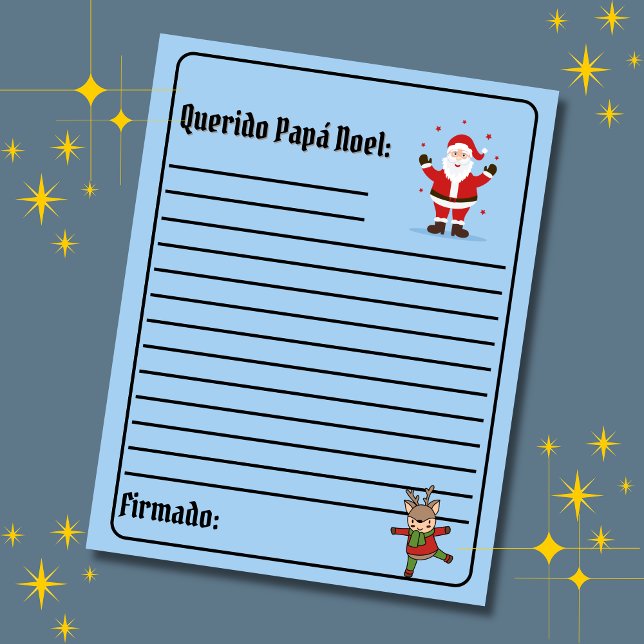 Lámina Carta Azul para Papá Noel (Blue Spanish letter to Santa Christmas, Spanish text only, customizable & personalized. Multilingual)