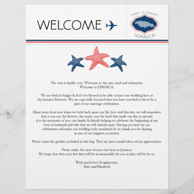 Lámina Carta de bienvenida a Jamaica para Boda Starfish (Anverso)