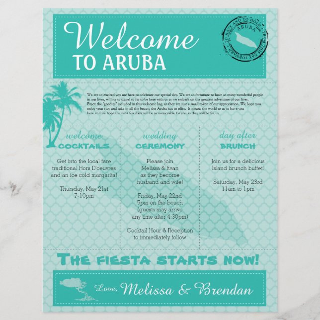 Lámina Carta de bienvenida boda para Aruba (Anverso)