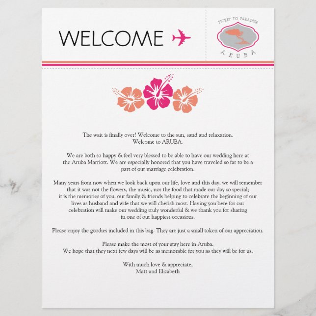 Lámina Carta de bienvenida boda para Aruba (Anverso)
