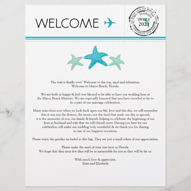 Lámina Carta de bienvenida boda para Florida (Anverso)