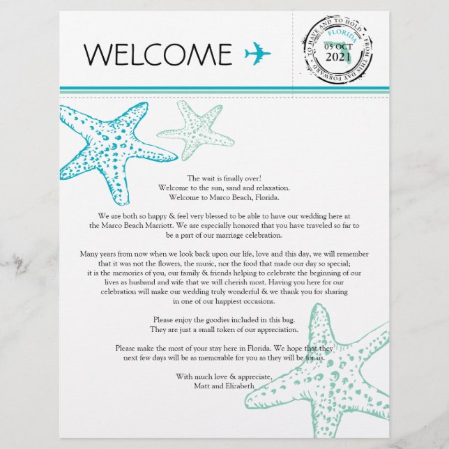 Lámina Carta de bienvenida boda para Florida (Anverso)