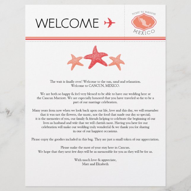 Lámina Carta de bienvenida boda para México (Anverso)