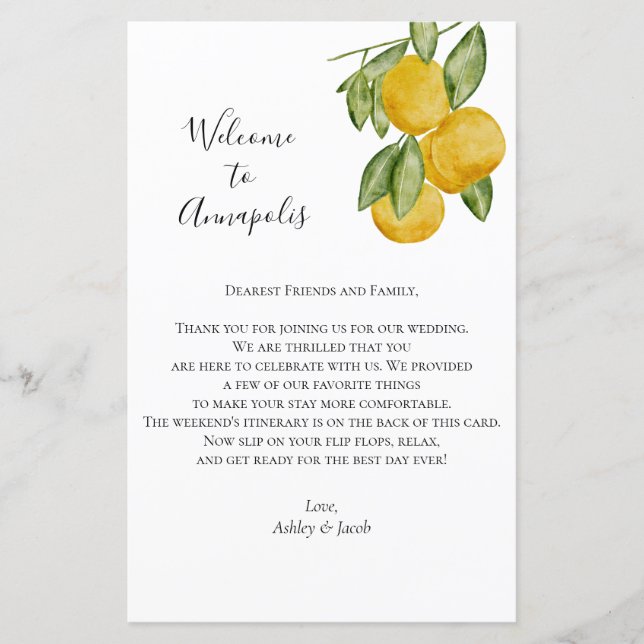 Lámina Carta de bienvenida encantadora de Boda limón, tin (Anverso)