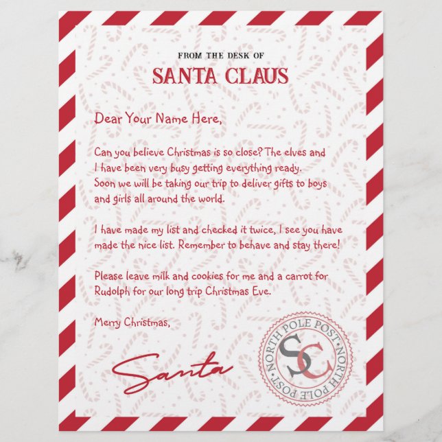 Lámina Carta de caña de golosinas rojas de Santa Claus (Anverso)