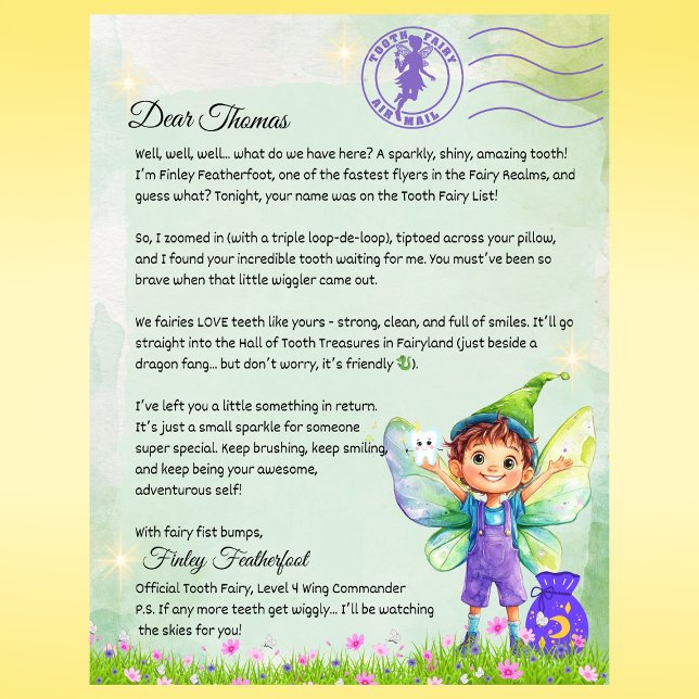 Lámina Carta de hadas personalizada para niños Keepsake m (Boys Tooth Fairy Letter – Personalized Tooth Fairy Note from Finley Featherfoot – Custom Printed)
