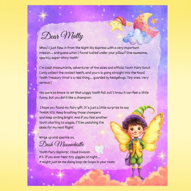 Lámina Carta de Keepsake de los machos de dientes de los  (Boys Tooth Fairy Letter Personalized Printed Letter from Dash Moonwhistle – Custom Tooth Fairy Note)