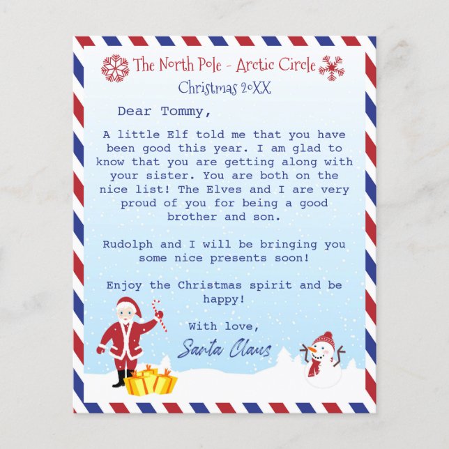 Lámina Carta de Santa Claus a los niños (Anverso)