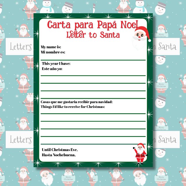 Lámina Carta editable bilingüe verde a Santa Español (Bilingual letter to Santa, editable text & child's name. Customizable. Multilingual Projet)