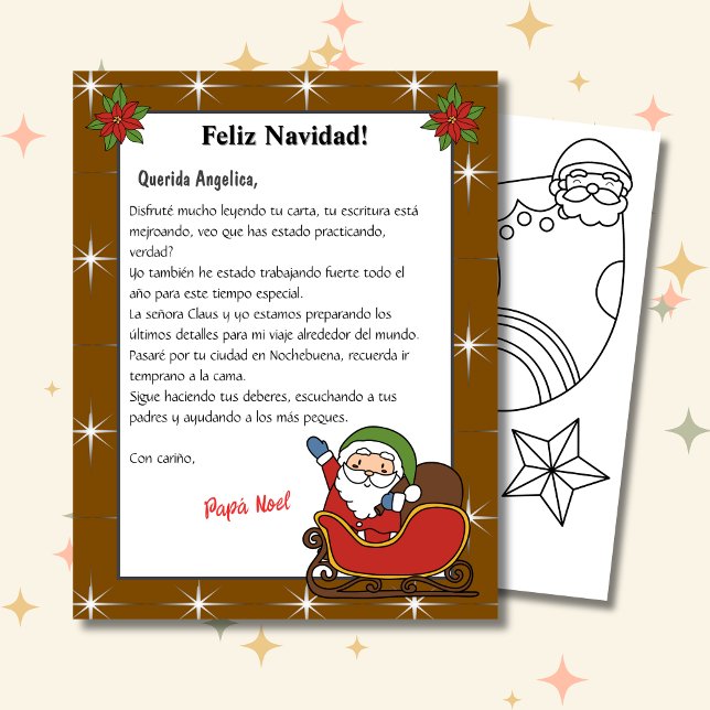 Lámina Carta marrón española de Santa Carta de Papá Noel (Spanish Letter from Santa Brown, Personalized, custom name & text. ConJesusenelCamino)