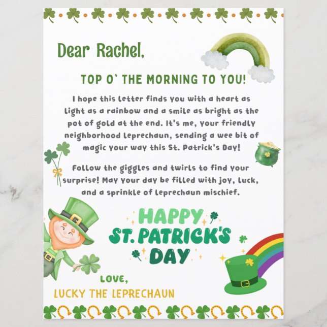 Lámina Carta personalizada de San Patricio Leprechaun (Anverso)