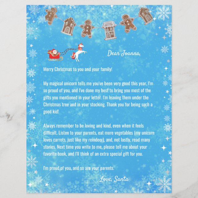 Lámina Carta Santa Unicorn Copas de nieve Reno Navidad Az (Anverso)
