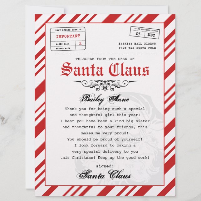 Lámina Carta Telegram de Santa Personalizada (Anverso)