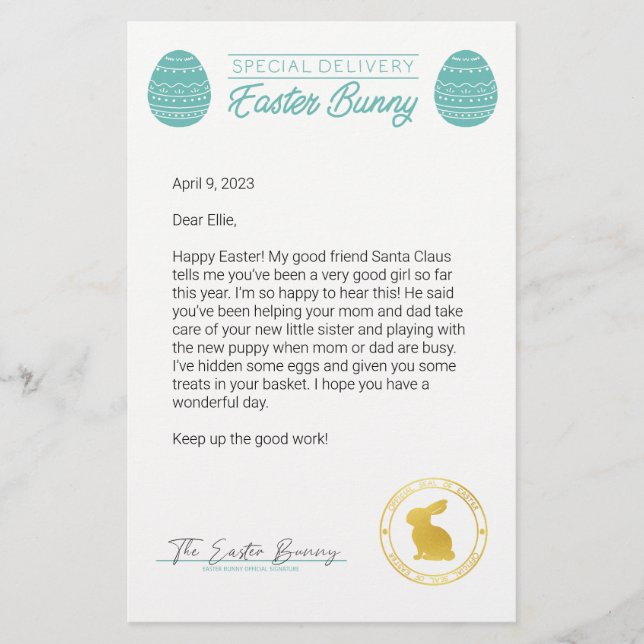 Lámina Carta verde azulada del conejo de Pascua (Anverso)