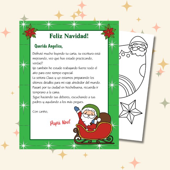 Lámina Carta verde de Santa por los niños en español (Spanish Letter from Santa Green.)