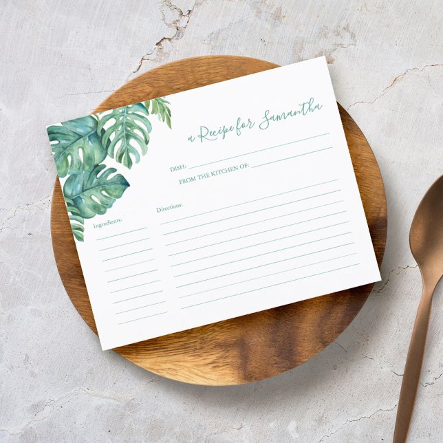 Lámina Cartas de recetas de cocina verde tropical (Tropical destination wedding stationery recipe for the bride card watercolor by Victoria Grigaliunas)