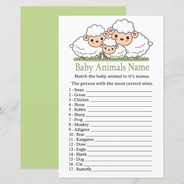 Lámina Caza de nombre de animales de bebé (Anverso / Reverso)