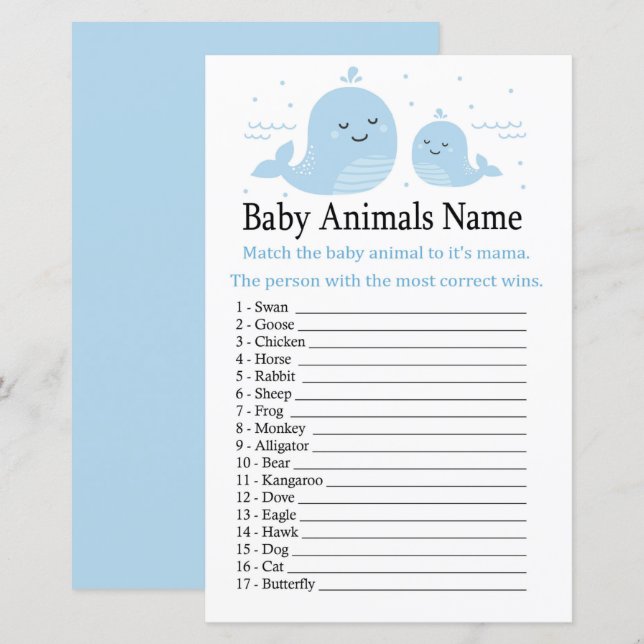 Lámina Caza de nombre de animales de bebé de ballena (Anverso / Reverso)