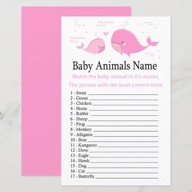 Lámina Caza de nombre de animales de bebé de ballena rosa (Anverso / Reverso)