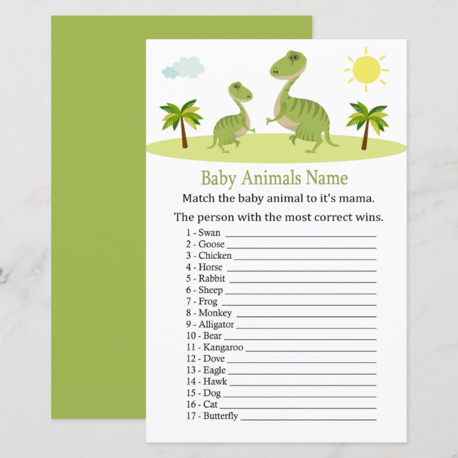 Lámina Caza de nombre de animales de bebé de dinosaurios (Anverso / Reverso)