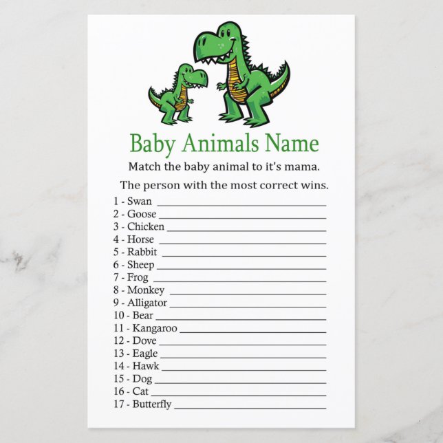 Lámina Caza de nombre de animales de bebé T-rex (Anverso)