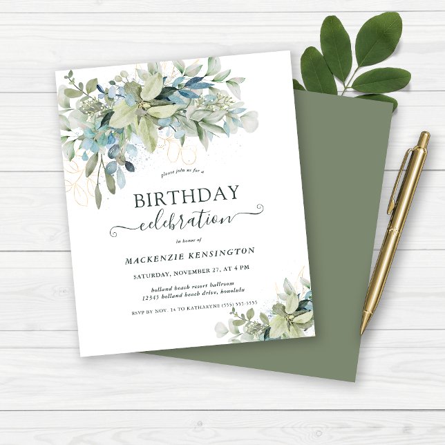 Lámina Celebración del cumpleaños del eucalipto floral de (Budget Floral Eucalyptus Birthday Celebration Invitation)