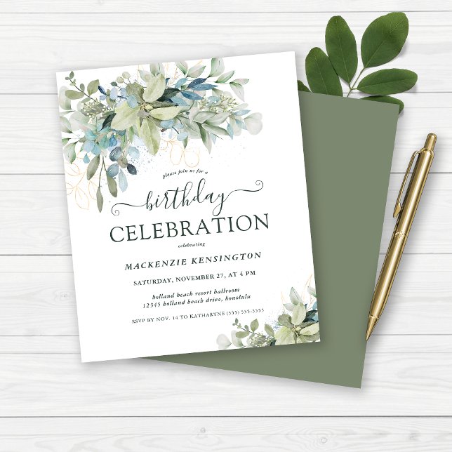 Lámina Celebración del cumpleaños del eucalipto floral de (Budget Floral Eucalyptus Birthday Celebration Invitation)