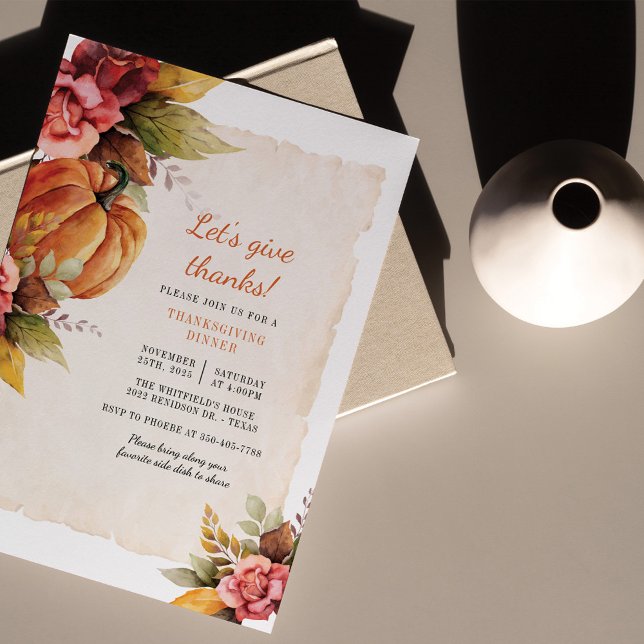 Lámina Cena de Día de Acción de Gracias de Calabaza de Ag (Pumpkin Pink Floral Thanksgiving Dinner Invitation)