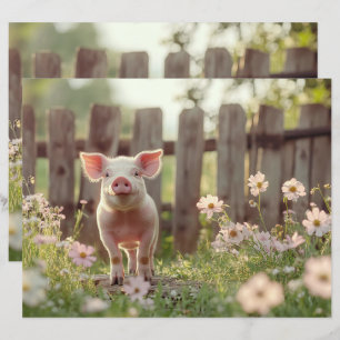Lámina Cerdo lindo en papel de cuaderno de flores