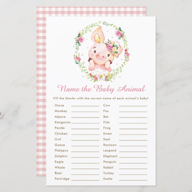 Lámina Cerdo rosado lindo Nombre animal bebé juego (Anverso / Reverso)