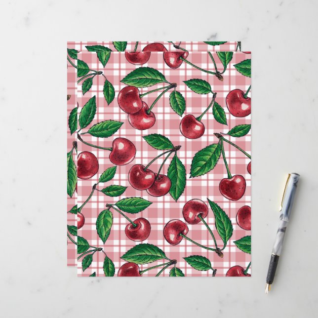 Lámina Cerezas rojas en gingham rosa (Anverso/Reverso In Situ)