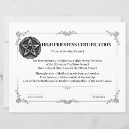 Lámina Certificación de alta sacerdotismo