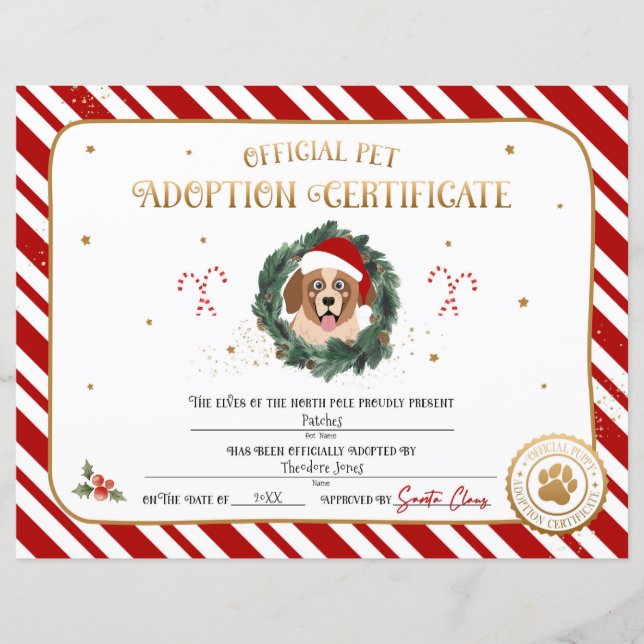 Lámina Certificado de adopción de cachorro de Navidad per (Anverso)