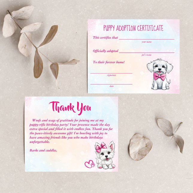 Lámina Certificado de adopción de cachorros adorables cac (Puppy adoption certificate cute white pink puppies dog themed birthday party)