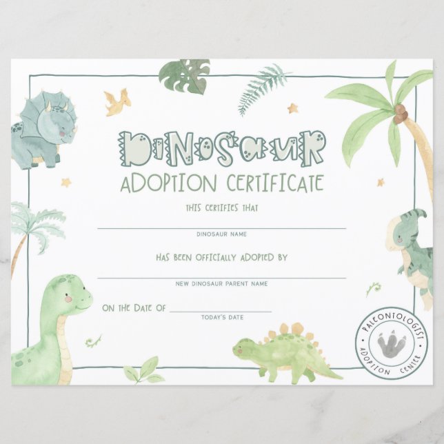 Lámina Certificado de adopción de dinosaurio (Anverso)