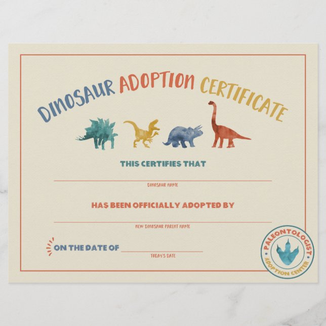 Lámina Certificado de Adopción de Dinosaurio (Anverso)