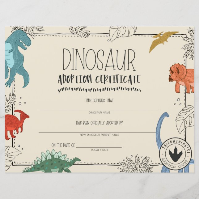 Lámina Certificado de adopción de dinosaurio (Anverso)