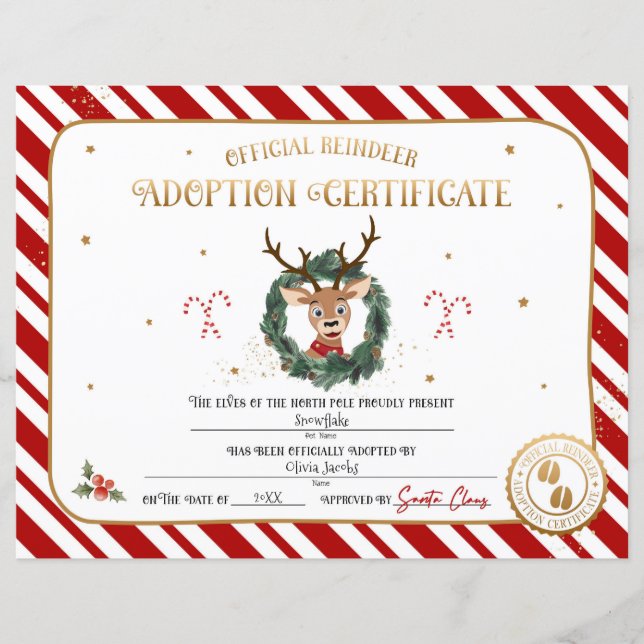 Lámina Certificado de adopción de reno personalizado (Anverso)