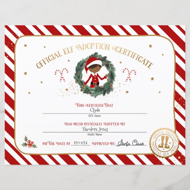 Lámina Certificado De Adopción Personalizado De Elf (Anverso)