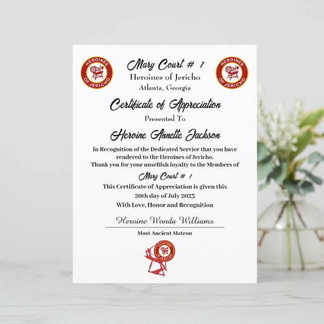 Lámina Certificado de Agradecimiento de HOJ (Anverso de pie)